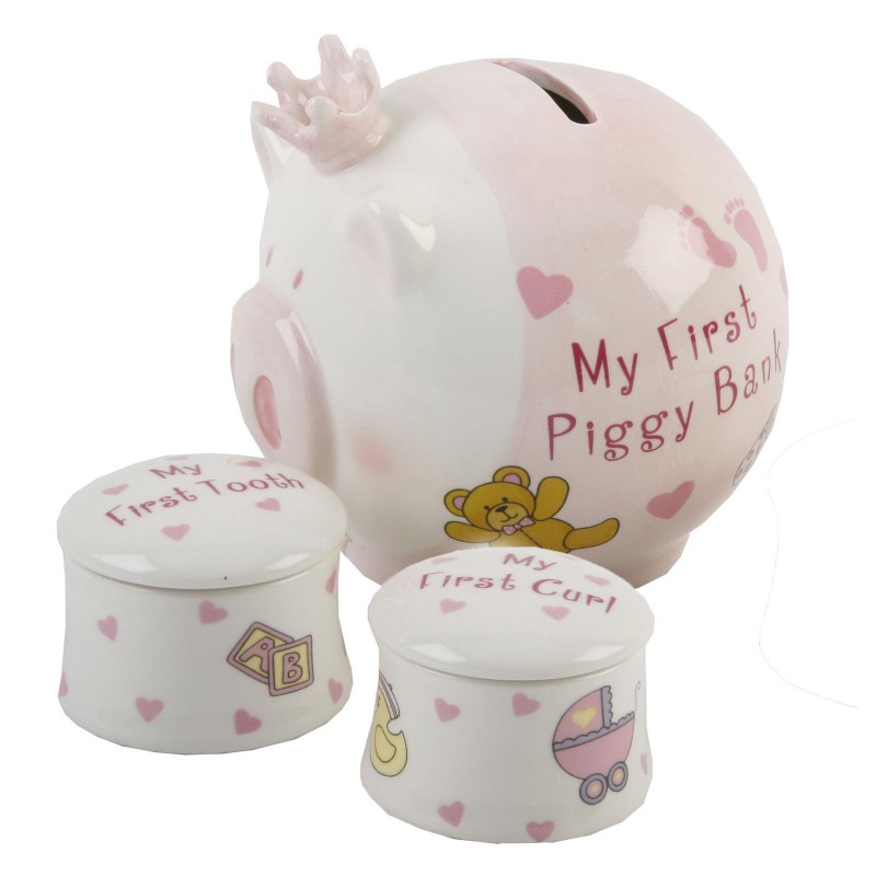 NEW Ceramic Pink Piggy Bank Tooth & Curl Keepsake 3 pieces boxed eBay